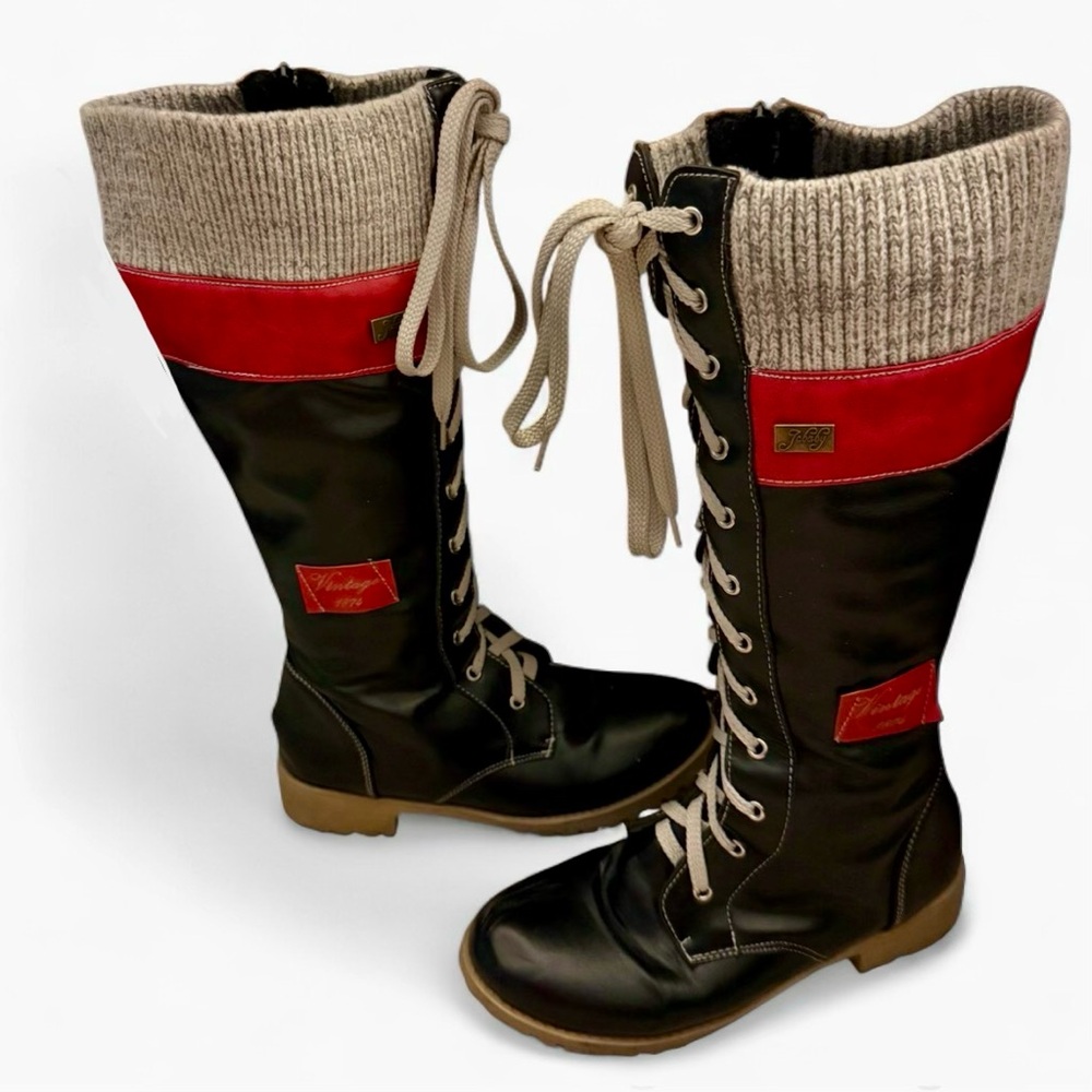 Vintage Red and Black Faux Leather Lace Up Knee High Boots JcBaby Size 7